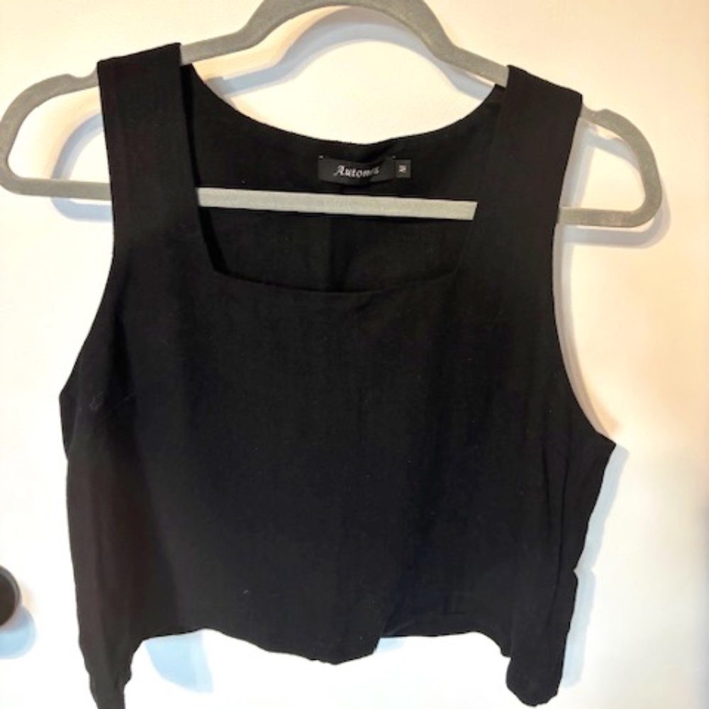 Black Linen Cropped Wide Strap Tank Top, Size M